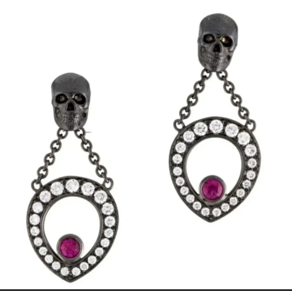 18k Gold Diamond Ruby Earrings Theo Fennell Skull- Estate 5.4gm